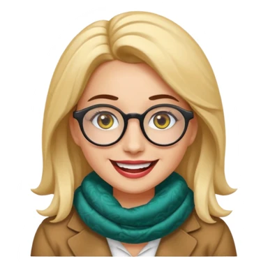 Emoji estilo WhatsApp de una mujer sonriente con rostro ovalado, piel clara, ojos grandes y oscuros, cejas gruesas arqueadas, gafas grandes redondeadas, rizos voluminosos oscuros, bufanda colorida y expresión tierna. Colores limpios, contornos suaves y fondo transparente. sticker