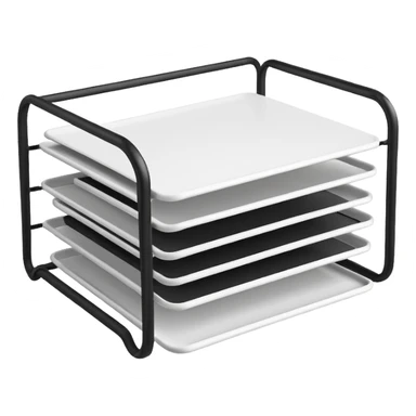A minimal, clean emoji-style illustration of a white metal desk paper organizer tray, shown in slight isometric view so its structure is readable at a small scale. The organizer is rectangular with rounded corners, made of thin white metal wires, forming two to three stacked horizontal slots. sticker
