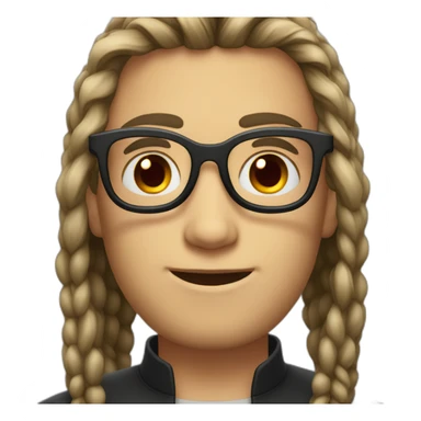 A boy with long tied hair and a beard with elongated glasses with black frames and red lenses sticker