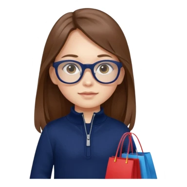 A little girl (he usually calls her baby), who is obsessed with shopping and luxury brands and holds a dozen of bags, she wears navy blue half zip sweater and holds 10 bags and she has long brown hair with Prada eyeglasses  sticker