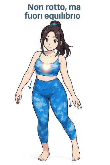 stile manga a woman stands in a relaxed pose, with a gentle, confident expression. Her body is shown with subtle, curved lines or arrows indicating areas of imbalance (such as a slight tilt in the shoulders or hips), but no signs of injury or damage. A soft glow or heart symbol at her core emphasizes resilience and the message “Non rotto, ma fuori equilibrio” The background is clean and clinical, with light blue tones. sticker
