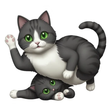 solid dark grey cat with green eyes, white toes/paws and white patch on her chest playfully rolling upside down sticker
