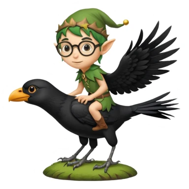 tiny forest elf with round glasses riding crow sticker