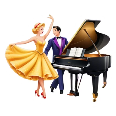 A vintage movie poster-style design featuring musical notes, a shining spotlight, and performers in glamorous costumes. Include elements like a dancing couple, a grand piano, and colorful stage lights. Retro cinematic flair with a lively and joyful atmosphere. Transparent background. sticker