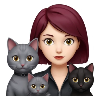 femme  yeux gris, cheveux court bordeaux, cuir noir, avec chat poils longs gris clair et chat poils ras noirs sticker