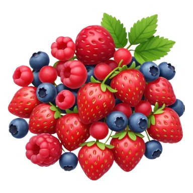 mixed berries cluster (strawberries, raspberries, red currants, blueberries), realistic, 3D, no faces, no bowl, transparent background sticker