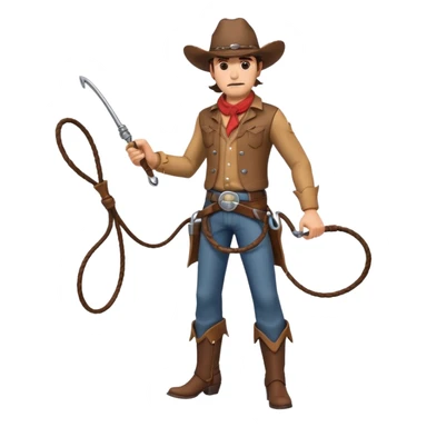 cowboy man holding a whip, dynamic pose, western outfit, adventure vibe, 3D cartoon, mobile game icon style, clean background, no text, no watermark
 sticker