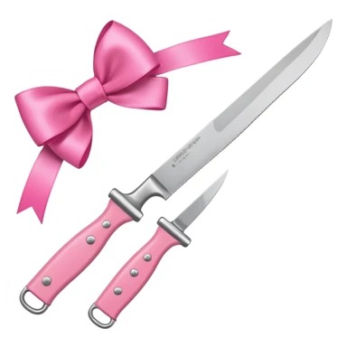 Only one object: a kitchen knife. A pink ribbon bow is tied directly on the knife handle. No other items. No decorations. Minimal emoji style sticker