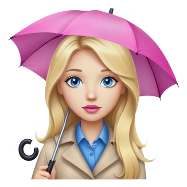A beautiful blonde girl with long hair, blue eyes, pink lips, walks under an umbrella sticker