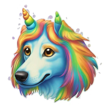 Multicolored rainbow retro groovy tie dye hippie trippy floral patterns on a metallic holographic iridescent blue dog face head unicorn sticker