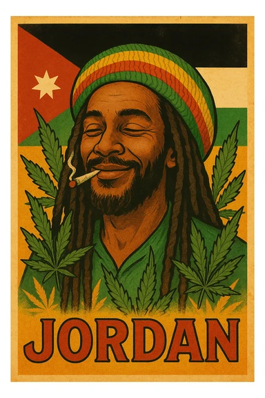 A digital vintage-style poster illustration of a Jordanian Rasta man with dreadlocks, wearing a red, yellow, green striped tam hat. He is smiling peacefully with a lit herbal spliff in his mouth. The background features the official Jordan flag — black, white, green horizontal stripes with a red triangle and a white 7-point star — accurately displayed behind him. Cannabis leaves are tastefully arranged around the composition, and the poster includes Rasta color textures blended with the Jordanian palette. Use a retro poster style with warm, slightly aged textures, bold outlines, and soft shading to evoke a soulful reggae vibe that honors both Jordanian pride and Rasta spirit. The mood is chill, powerful, and respectful sticker