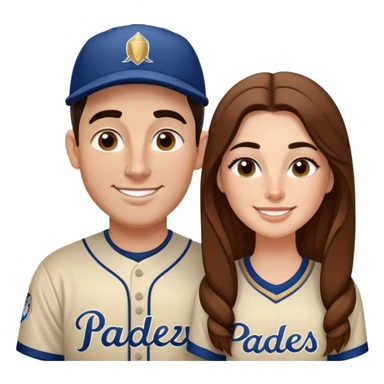 *White* couple smiling. Woman has big cheeks and a lot of freckles on the nose. long brown hair. Man has black and very short hair and prominent eyebrows with egipcian nose. Both are wearing “Los Padres” baseball jearsey sticker