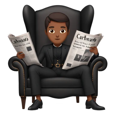  A black person sitting on an elegant chair, dressed in black, holding a large newspaper open in front of their face. The newspaper has the title “Carbonado” in bold letters The background is minimaliste  sticker