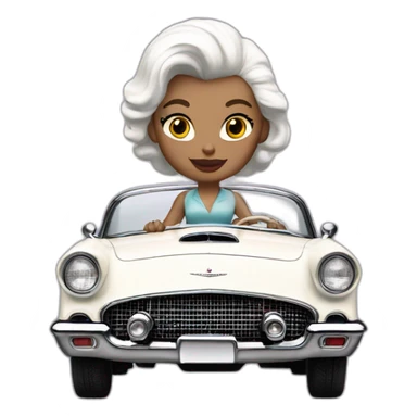 A woman with straight white hair driving a white 1957 Thunderbird sticker