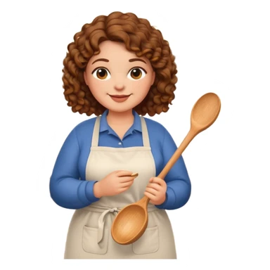 Create a friendly, smiling emoji avatar of a plus size woman with curly hair, warm skin tone, wearing casual kitchen clothes, holding a wooden spoon or standing in a cozy kitchen setting. The style should be cute and simple, suitable for a healthy cooking Instagram page.” sticker