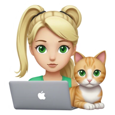 Blonde girl ponytail green eyes with macBook and a cat sticker