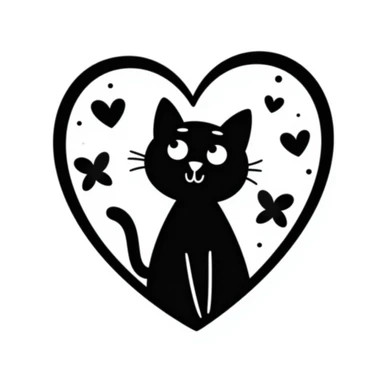 hand drawn cat inside a heart with decorative elements, doodle style sticker