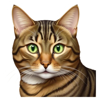 Cinematic Noble Brown Tabby Cat Portrait Emoji, Poised and regal, with sleek, well-groomed fur in warm brown tones accented by bold dark tabby stripes, striking almond-shaped golden-green eyes, Simplified yet sharp and sophisticated features, highly detailed, glowing with a soft, dignified glow, high shine, intelligent and graceful, stylized with an air of elegance, focused and attentive, soft glowing outline, capturing the essence of a watchful and refined feline, so majestic it feels as though it could glide across the screen with effortless confidence! sticker