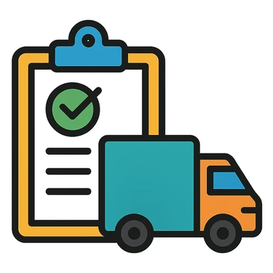 a clipboard with a checkmark and a delivery truck sticker