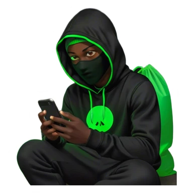 A young man in a black hoodie and balaclava sits at night, engrossed in his smartphone. Behind him, a full moon casts a soft glow, while neon green “HAVEN” blazes against the dark setting. Green and light orange plastic bags surround him. The neon light highlights his face and hands, creating a moody, futuristic atmosphere of mystery and contemplation. sticker