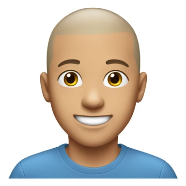 smiling boy in blue shirt with shaved head sticker