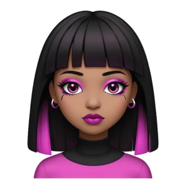 brown skin, straight hair with the ends curved upwards, bangs above the eyebrow, dark brown eyes, girl, half gothic and pink style   sticker