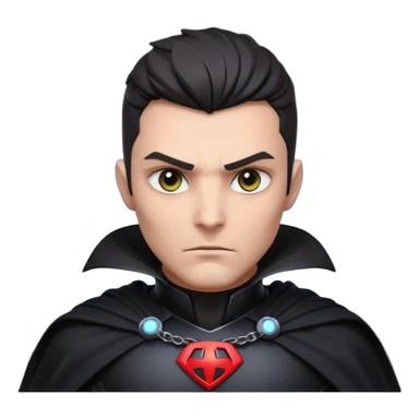 dark sci-fi villain portrait, head and shoulders only, black armor, cape collar, intense eyes, dramatic lighting, 3D cartoon, mobile game icon, clean background, no text
 sticker