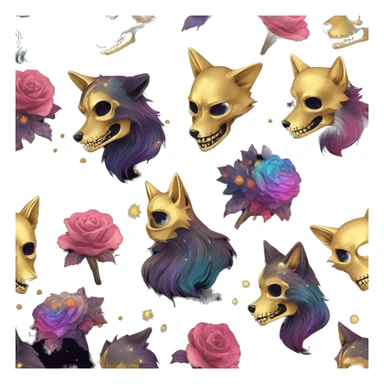 Black iridescent fluffy dog fox head zombie skull skeleton gold mechanical nebula galaxy stars colorful flowers fairy lights vintage sticker