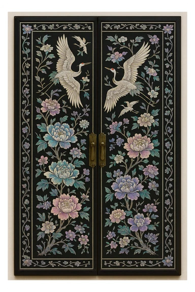door in Korean mother-of-pearl art style, traditional flowers and crane patterns in lacquerware decoration, intricate and luxurious design sticker