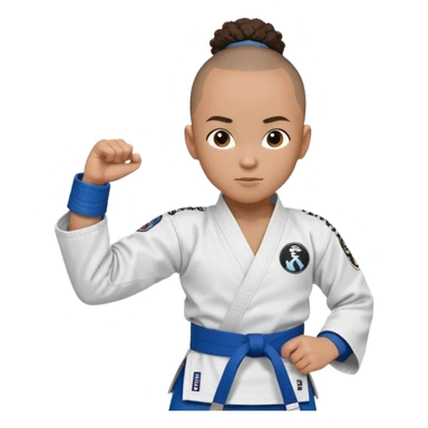 black karate instructor with pony tail afro hair and shaved bald sides haircut, Make the hair brown and the belt blue. Add the roger Gracie academy logo on the go also and the p logo of progress jiu jitsu on the right arm sleeve  at the top sticker
