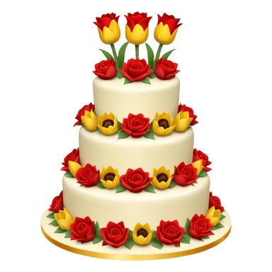 A large three teir cake with first mayer decorated with roses, second with Sunflowers and third with Tulips and Happy Birthday Dear written on top. sticker
