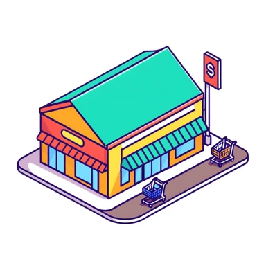 Isometric grocery store with shoppers, food shelves, and checkout area sticker