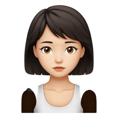 A pretty girl with dark brown eyes and short wavy dark hair with short side bangs and a neutral expression, with chinita skin and a white tank top(not sleeveless)emoji sticker
