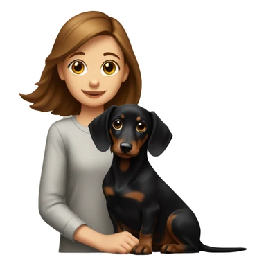 brown-haired girl and black dachshund puppy with tan sticker