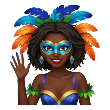i need the same girl in "dark skin girl, dark red lipstick, nails very beautiful" to be smiling in "carnival mas costume, blue, green and orange preferably, full costume feathers at the back" she is to be smiling, hair should be dark shoulder length, black nail polish on her fingers  sticker