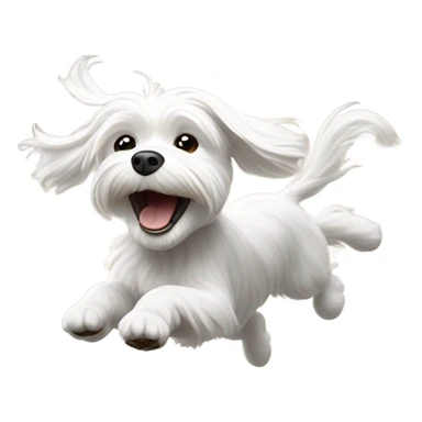 Pixar-style Maltese dog joyfully jumping in mid-air, with a playful expression and motion lines emphasizing its movement, set against a minimalistic background, emoji-style. sticker