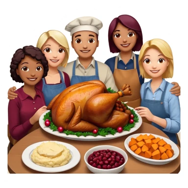 Thanksgiving Dinner with 6 friends of all different races around the table; have the food be a cooked turkey, mashed potatoes, corn, a basket of biscuits, a small bowl of cranberry sauce, baked yams, steamed vegetables, and a bottle of wine. sticker