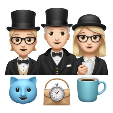 6 icons in a 2×3 grid, soft 3D emoji style, pastel colors, equal spacing, white background:
1) speech bubble
2) theatre masks
3) dynamic stopwatch
4) house + coffee + shopping bag
5) English gentleman
6) female support agent with headset
 sticker