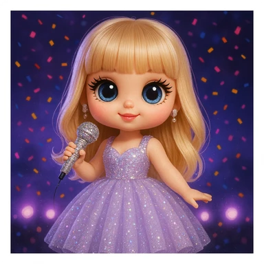 Pretty and girly Blonde pop star with bangs wearing a sparkly tulle light purple ballgown, holding a bedazzled microphone, reimagined as a cute doll, with a nighttime concert backdrop with colorful confetti sticker