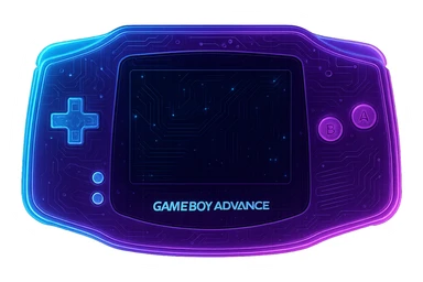 Transform the Gameboy Advance into a cyberpunk, holographic style with glowing neon blue and pink edges and circuit patterns throughout the entire device. The main body should be purple, maintaining the recognizable shape, buttons, and screen. Overlay neon and circuit effects in a futuristic, clean style with a consistent cyberpunk glow and intricate circuit details. Transparent background. sticker