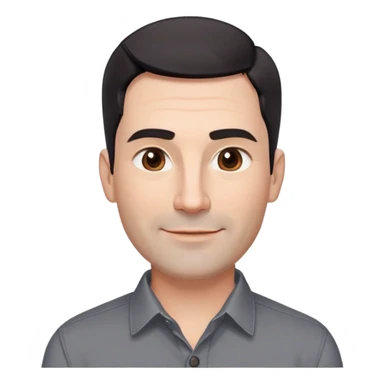 Professional-looking man in his 40s with wide square face, defined jawline, full cheeks, warm smile, medium brown eyes, prominent natural eyebrows, straight wide nose, slightly upturned lips, short fade haircut with dark almost black hair, wearing a gray button-up shirt sticker