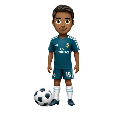 Niño jugando futbol con escudo de real madrid cabello lacio castaño rubio obscuro sticker