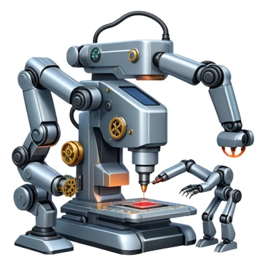An icon featuring a giant robotic machine welding a large microchip with a laser, using two robotic arms. The design includes circuit boards, gears, and technical schematics, symbolizing advanced engineering and automation. Transparent background highlights the fusion of technology sticker