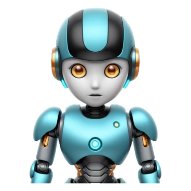 Cute futuristic chibi humanoid robot with large rounded head, glossy black and grey metal body, glowing cyan and amber eyes, visible joints, confident pose, white background, high-detail 3D render, LMX text on chest. sticker
