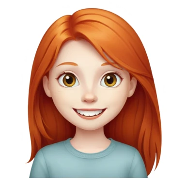 traditional simple emoji of young girl with very pale skin, long straight bright ginger red hair, big eyes, big smile with teeth showing, classic round face sticker