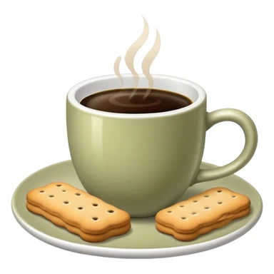 Coffee in a pale olive cup with biscuits sticker