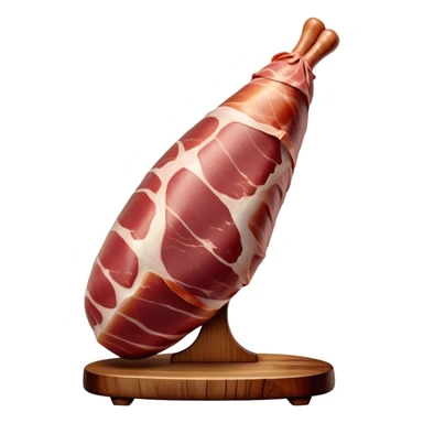 _cinematic-realistic-spanish-ham-leg,-depicted-as-a-massive,-cured-leg-of-jamón-serrano-(ham)-with-a-deep-reddish-brown-hue on the outside,-intricately-marbled-and-slightly-glossy-with-age,-elegantly-displayed-on-a-rustic-wooden-stand-and-bathed-in-warm sticker