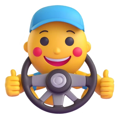 3D smiley emoji, round shape, bus driver: wearing cap, holding steering wheel, funny face sticker