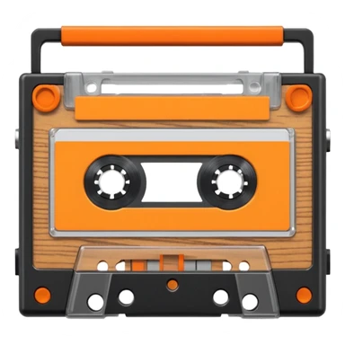 3D render of Cassette Tape, vintage 1980s audio equipment aesthetic, tactile analog buttons, transparent clear plastic with orange ribbon reels inside, mixed wood grain and brushed aluminum textures, Apple emoji style, isolated on white background --v 6.0 sticker
