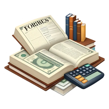Icon for Business Reading: an open book with graphs, numbers, percentages, formulas, and text on the pages, next to a stack of books, a pile of dollars, a calculator and business magazines like Forbes. Transparent background. sticker